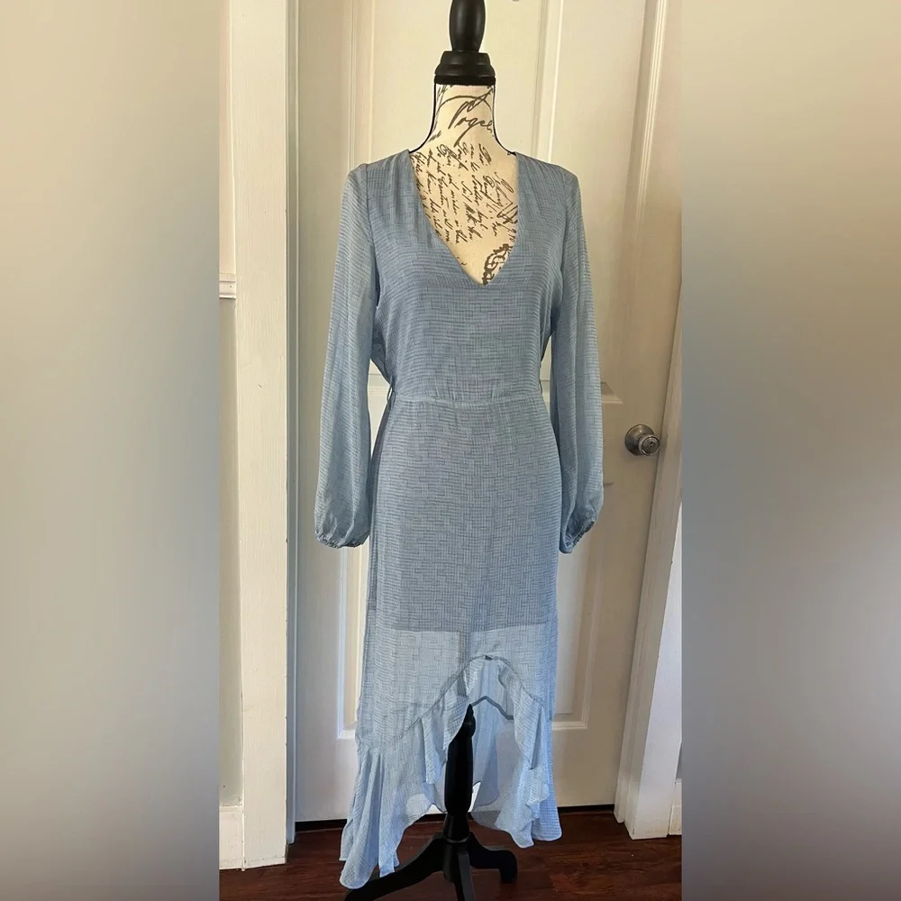 NWOT Light Blue Overlay Sheer Dress, by NSR, Hi low, Sheer Long sleeves, Medium - Picture 2 of 15